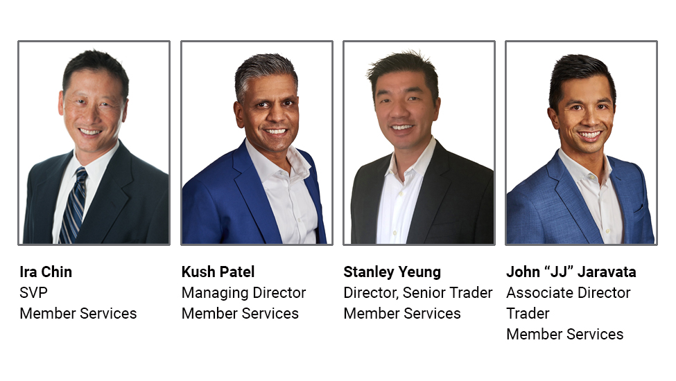 Graphic of the Bank's Traders executive team including Ira Chin, Kush Patel, Stanley Yeung, and JJ Jaravata