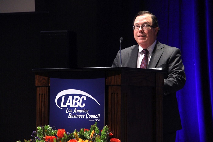 Chief Banking Officer Stephen Traynor addresses the more than 600 business and government leaders attending the 2019 LABC Summit.