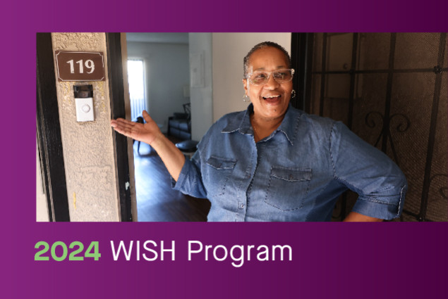 Picture of WISH Program grant recipient Doris Ealy at her home and copy that reads, "2024 WISH Program"